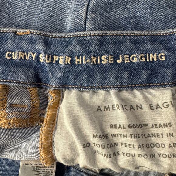 American Eagle SZ 8 SHORT Curvy Jeggings Jeans Super Hi-Rise Distressed Rip Blue - Picture 10 of 13